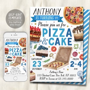 May include: Editable birthday party invitation template featuring a blue and white striped background with illustrations of pizza and cake. The text reads "Anthony is turning 9! Please join us for Pizza & Cake. Saturday, October 23 from 2-4 PM. Anthony's Home, 333 Chestnut Lane, New York, NY 10013. RSVP to Serena at 121-345-0000."