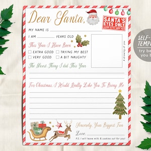 Letter to Santa Editable Template, Christmas Holidays Wish List for Kids, Personalized Dear Santa Letter, Christmas Traditions Activity Mail