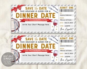 May include: A dinner date voucher featuring a red bow, a plate with cutlery, and a wine glass. The text reads: Save the Date, This Voucher is Good for a Dinner Date, The Restaurant Name, Write Your Short Message Here, Admit One, To: Jessica Anderson, From: Marcus Williams, Date: Feb 27, 2023, Time: 6:00PM, Bon Appétit!