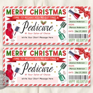 Modello modificabile biglietto per pedicure di Natale, buono regalo Mani Pedi a sorpresa, voucher spa per salone di bellezza coupon vacanza rivelabile fai da te stampabile