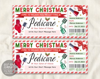 Christmas Pedicure Ticket Editable Template, Surprise Mani Pedi Gift Certificate, Nail Salon Spa Voucher Coupon Holiday Reveal Printable DIY