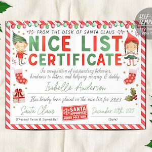 Modello modificabile certificato Nice List, lettera ufficiale di Babbo Natale approvata Nice List, lettera degli elfi elfi, dalla scrivania di Babbo Natale alla vigilia di Natale