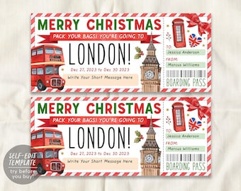 May include: A Christmas-themed London travel boarding pass template featuring a red double-decker bus, Big Ben, a red telephone booth, and a Union Jack heart. The text reads Merry Christmas, Pack Your Bags! You're Going To London!