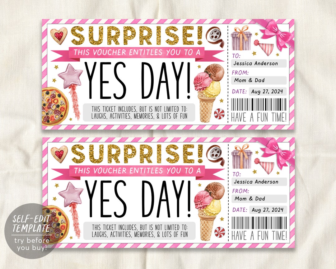 Yes Day Ticket Editable Template, Surprise Best Day Ever Gift Yes Day Ticket Editable Template, Surprise Best Day Ever Gift