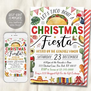 May include: A printable invitation for a Christmas fiesta with a festive taco design. The invitation features a red and green color scheme with a white background. The text on the invitation reads "Let's Taco Bout a Christmas Fiesta" and includes details about the event, such as the date, time, and location.