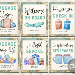 Airplane Travel Signs BUNDLE For Wedding Baby Shower Birthday, Airline Themed Birthday Table Decor, Around the World, Adventure Bridal