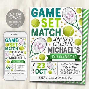 Modèle modifiable d'invitation d'anniversaire de tennis, invitation de partie de balle de tennis de garçon, thème de sports d'enfants Evite, tournoi de Match de partie de tennis imprimable