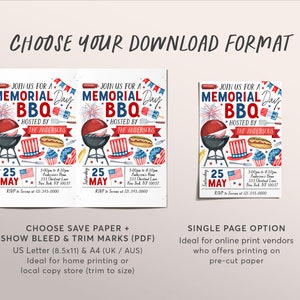 Pode incluir: Convite imprim&iacute;vel para um churrasco do Dia de Mem&oacute;ria. O convite apresenta um esquema de cores vermelho, branco e azul com ilustra&ccedil;&otilde;es de fogos de artif&iacute;cio, uma grelha, cachorros-quentes e um chap&eacute;u patri&oacute;tico. O texto do convite diz "Join us for a Memorial Day BBQ Hosted by The Andersons" e inclui a data, a hora e o local do evento.