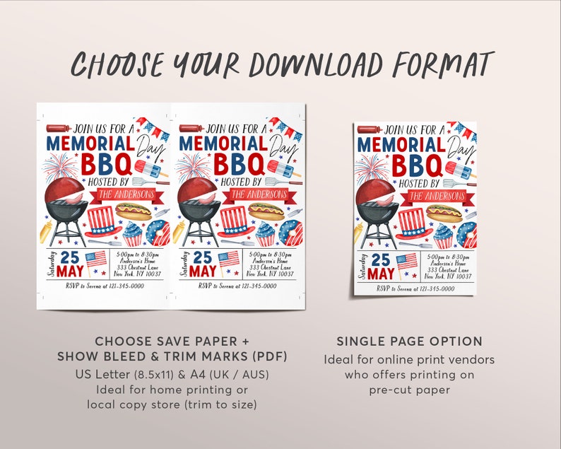 Pode incluir: Convite imprim&iacute;vel para um churrasco do Dia de Mem&oacute;ria. O convite apresenta um esquema de cores vermelho, branco e azul com ilustra&ccedil;&otilde;es de fogos de artif&iacute;cio, uma grelha, cachorros-quentes e um chap&eacute;u patri&oacute;tico. O texto do convite diz "Join us for a Memorial Day BBQ Hosted by The Andersons" e inclui a data, a hora e o local do evento.