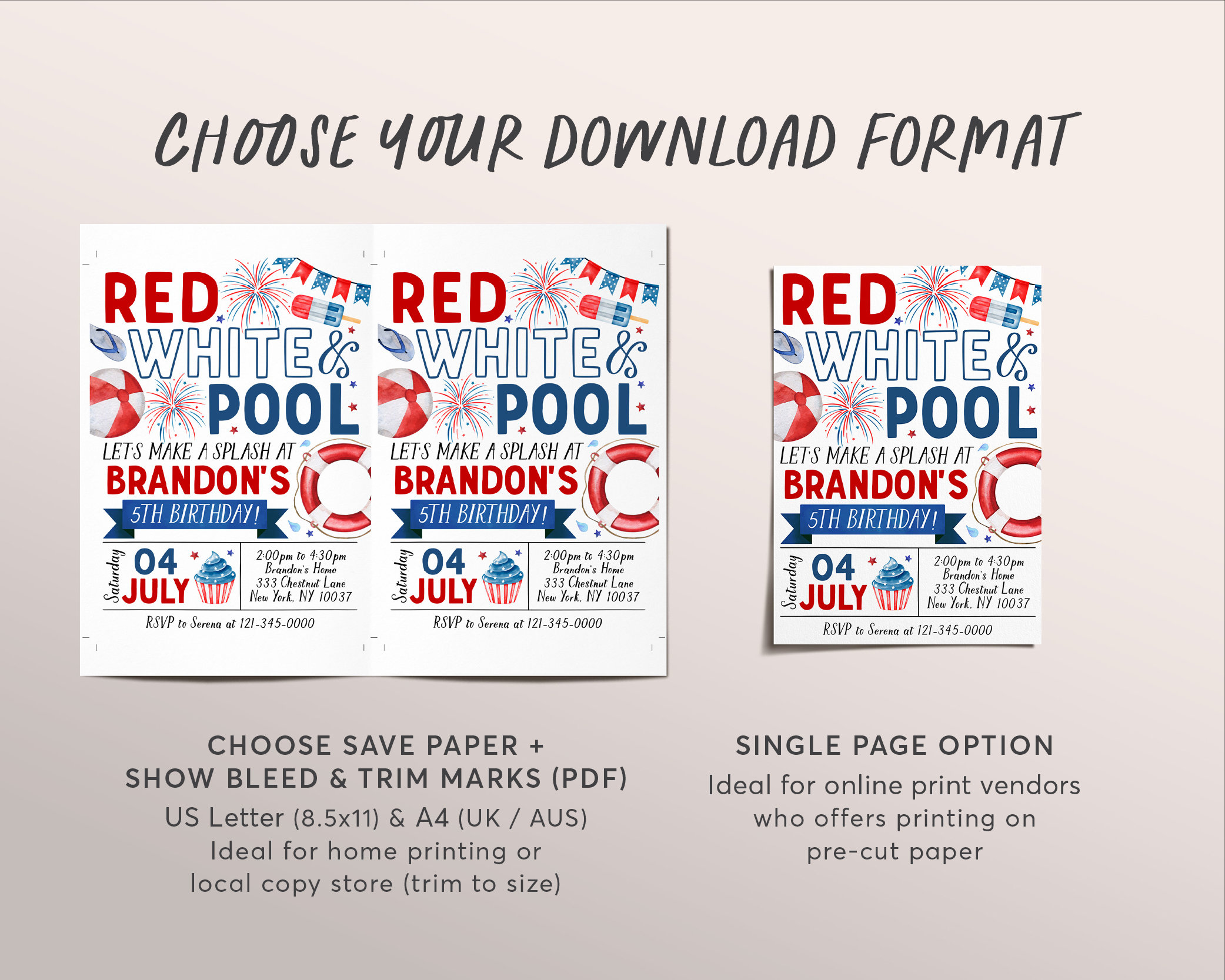 4th of July Birthday Invitation Editable Template, Red White Pool Party ...