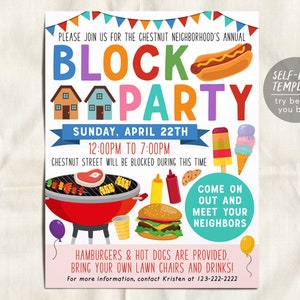 May include: A colorful invitation for a block party. The invitation features a red grill, hamburgers, hot dogs, ice cream, and a house. The text reads "Please join us for the Chestnut Neighborhood's Annual Block Party, Sunday, April 22th, 12:00PM to 7:00PM, Chestnut Street will be blocked during this time, Come on out and meet your neighbors, Hamburgers & hot dogs are provided. Bring your own lawn chairs and drinks! For more information, contact Kristen at 123-222-2222, Self-Edit Template, try before you buy!"