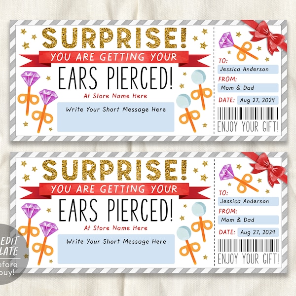 Modèle modifiable de bon d'achat de piercing d'oreille, certificat-cadeau surprise pour un premier piercing, coupon de boucle d'oreille piercing Teen Tween imprimable