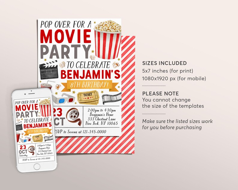Movie Birthday Invitation Editable Template, Unisex Pop on Over Cinema ...
