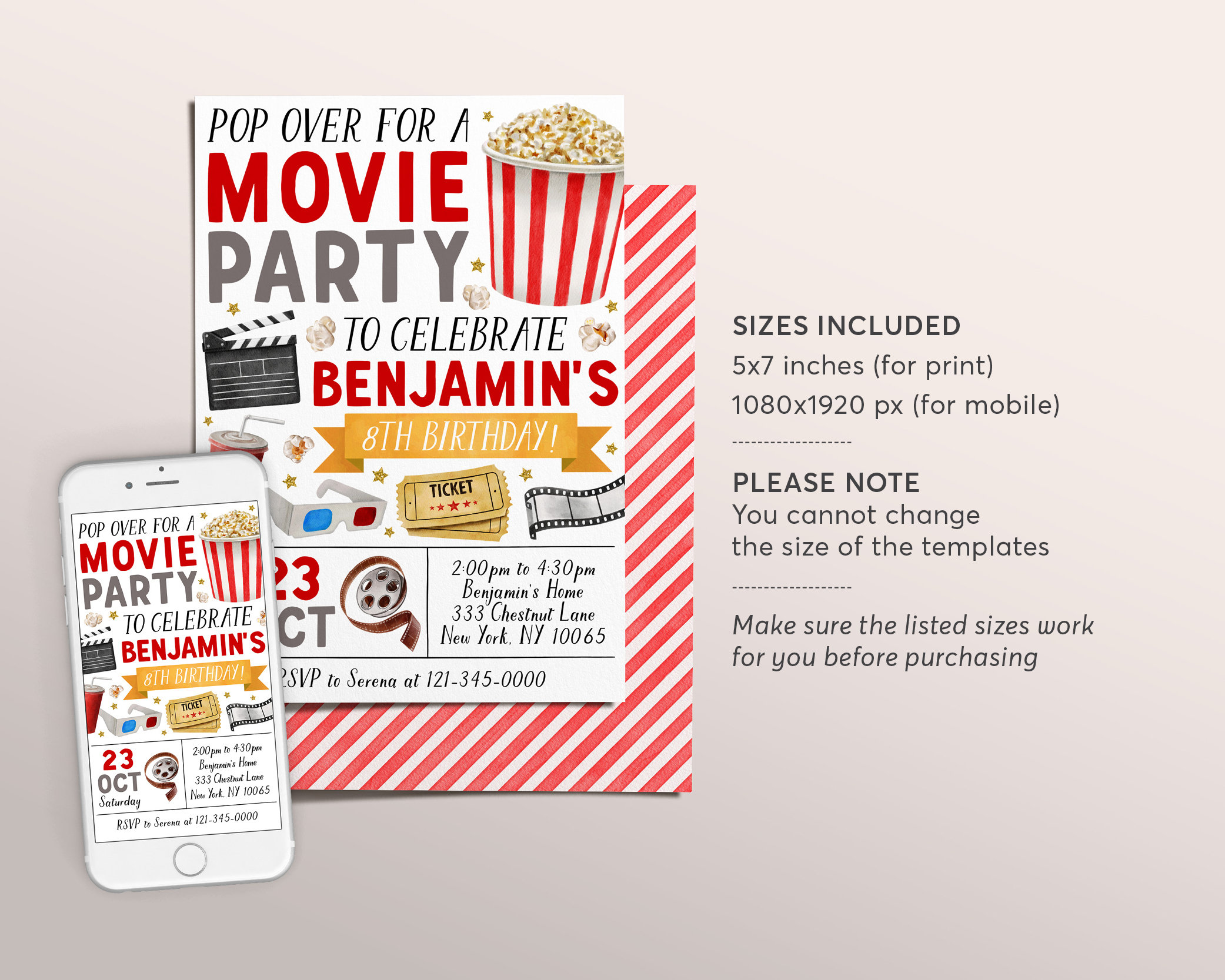 Movie Birthday Invitation Editable Template, Unisex Pop on Over Cinema ...