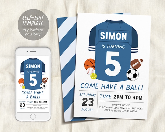 Editable Sports Birthday Invitation Template, Sports Theme Birthday Invitation, Soccer Birthday, All Star Invitation, All Star Birthday