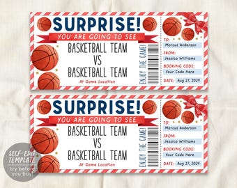 May include: Two identical basketball game surprise tickets with red and white striped borders. The text reads SURPRISE! YOU ARE GOING TO SEE BASKETBALL TEAM VS BASKETBALL TEAM. Includes fields for names, booking code, and date Aug 27, 2024.