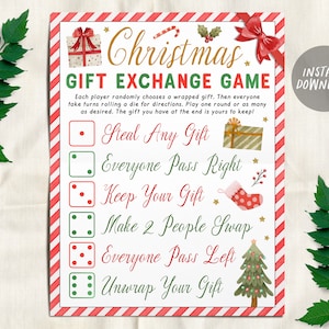 Christmas White Elephant Gift Exchange Rules Printable, Holiday Gift Swap Game For Christmas Party Family Game, Present Swap, Roll the Dice