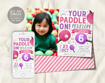 Invitación de cumpleaños de ping pong con plantilla editable con fotografía, invitación a fiesta temática de tenis de mesa para niñas Evite, torneo de partidos de tenis en interiores
