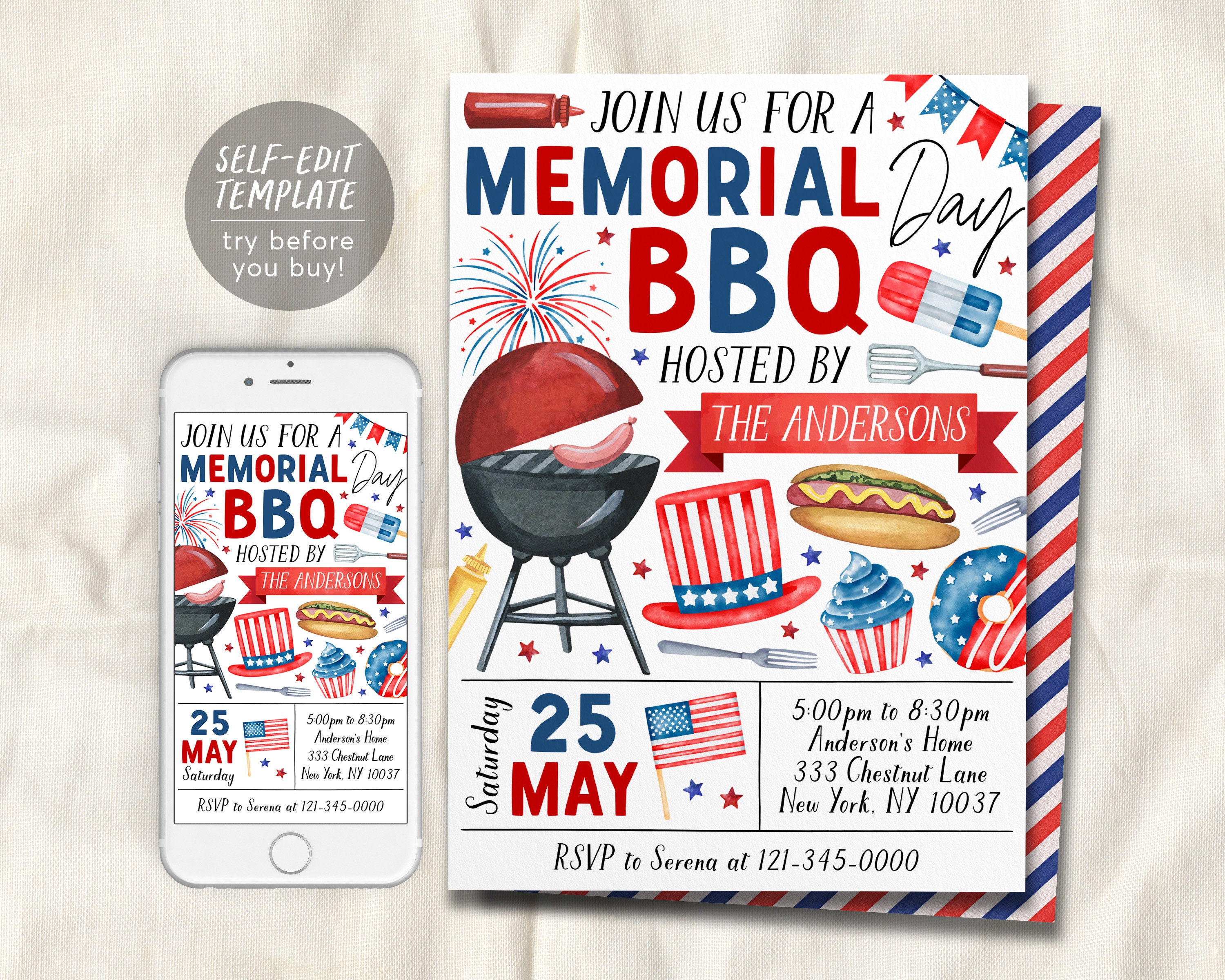 Memorial Day BBQ Invitation Editable Template, Patriotic Memorial Day Cookout Dinner Party Celebration Invite Printable, Backyard Barbecue