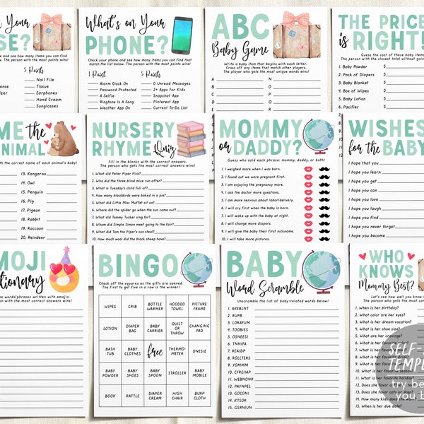 Travel Adventure Baby Shower Games Bundle Editable Template, Unisex 12 Shower Games, Globe Themed Bingo Word Scramble, What's On Your Phone
