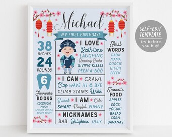 Korean Milestone First Birthday Sign BOY Editable Template, Doljanchi Dol Dohl Doljabi Hanbok Stats Board 1st Birthday Party Poster