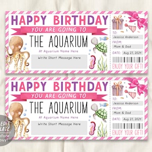 Aquarium Trip Ticket Editable Template, Birthday Surprise Holiday Aquarium Visit Gift Voucher For Kids, Day Trip Gift Certificate Coupon