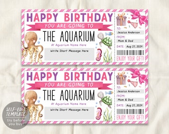 Aquarium Trip Ticket Editable Template, Birthday Surprise Holiday Aquarium Visit Gift Voucher For Kids, Day Trip Gift Certificate Coupon