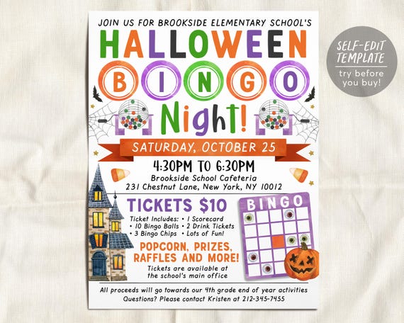 Halloween Bingo Night Fundraiser Flyer Editable Template, Fall Bingo Flyer Game Night Event Invite, PTA PTO School Classroom Family Library
