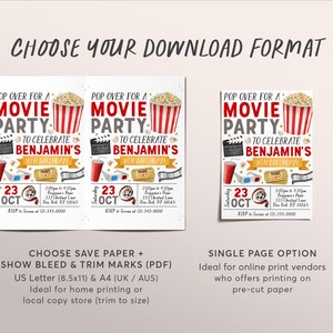 Movie Birthday Invitation Editable Template, Unisex Pop on Over Cinema ...