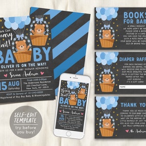 Teddy Bear BOY BUNDLE Balloons Baby Shower Invitation Editable Template, Bear Hot Air Balloon Baby Sprinkle Invite Set, We Can Bearly Wait