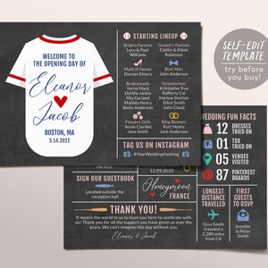 Peut inclure: Un ensemble de faire-part de mariage sur fond de tableau noir. L'invitation principale présente un design de maillot de baseball avec les noms "Eleanor Jacob" et les détails du mariage. Cartes supplémentaires avec détails de la fête et faits amusants.
