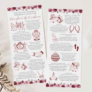 Pode incluir: Guia da cerimónia de casamento Telugu para Darshini & Krishna, com ilustrações de rituais chave. O guia detalha tradições como a troca de grinaldas, os sete passos e o jogo do anel. O design inclui bordas florais e elementos decorativos.