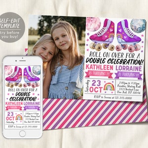 Roller Skating Joint Siblings Birthday Invitation With Photo Editable Template, Girls Twins Roller Skate Party Invite, Rollerskating Rink