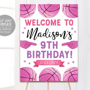 Modelo editável de placa de boas-vindas de aniversário de basquete, pôster de aniversário de garota novata do ano, pôster esportivo infantil It's Game Time Slam Dunk