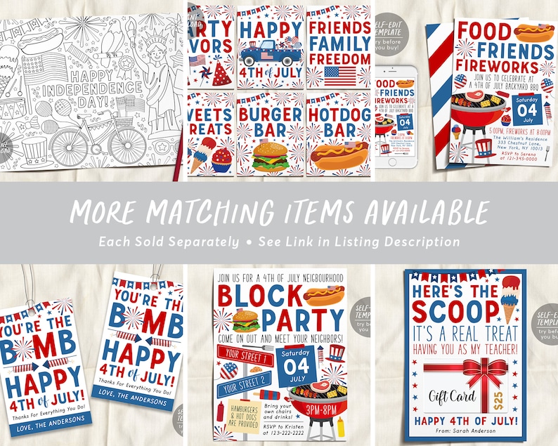 May include: A set of printable 4th of July party decorations featuring red, white, and blue colors. The designs include fireworks, hot dogs, hamburgers, and the text "You're the Bomb Happy 4th of July!"