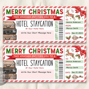 Modello modificabile del voucher per il soggiorno di Natale in hotel, prenotazione dell'hotel a sorpresa, buono regalo per il biglietto dell'hotel per una vacanza nel fine settimana