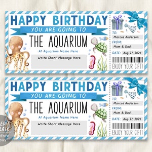 Aquarium Trip Ticket Editable Template, Birthday Surprise Holiday Aquarium Visit Gift Voucher For Kids, Day Trip Gift Certificate Coupon