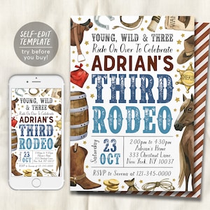 Könnte beinhalten: Eine druckbare Einladung zu einer dritten Geburtstagsfeier eines Kindes mit Western-Rodeo-Thema. Die Einladung zeigt einen blauen und weißen Hintergrund mit einem Cowboyhut, Stiefeln, Hufeisen und einem Pferd. Der Text auf der Einladung lautet: "Young, Wild & Three, Ride On Over To Celebrate Adrian's Third Rodeo".