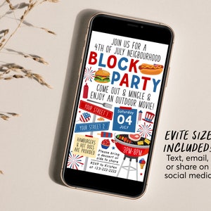 May include: A digital invitation for a 4th of July block party. The invitation features a red, white, and blue color scheme with illustrations of fireworks, hamburgers, hot dogs, and a grill. The text reads "Join us for a 4th of July Neighbourhood Block Party. Come out & Mingle & Enjoy an Outdoor Movie!"  Saturday, July 04, 3PM-8PM.  Evite size included! Text, email, or share on social media.