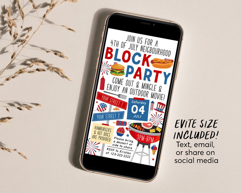 May include: A digital invitation for a 4th of July block party. The invitation features a red, white, and blue color scheme with illustrations of fireworks, hamburgers, hot dogs, and a grill. The text reads "Join us for a 4th of July Neighbourhood Block Party. Come out & Mingle & Enjoy an Outdoor Movie!"  Saturday, July 04, 3PM-8PM.  Evite size included! Text, email, or share on social media.