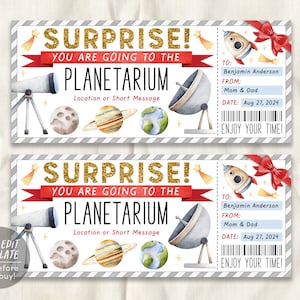 Planetarium Ticket Editable Template, Surprise Space Museum Gift Voucher For Kids Child, Science Center Coupon, Space Adventure Experience