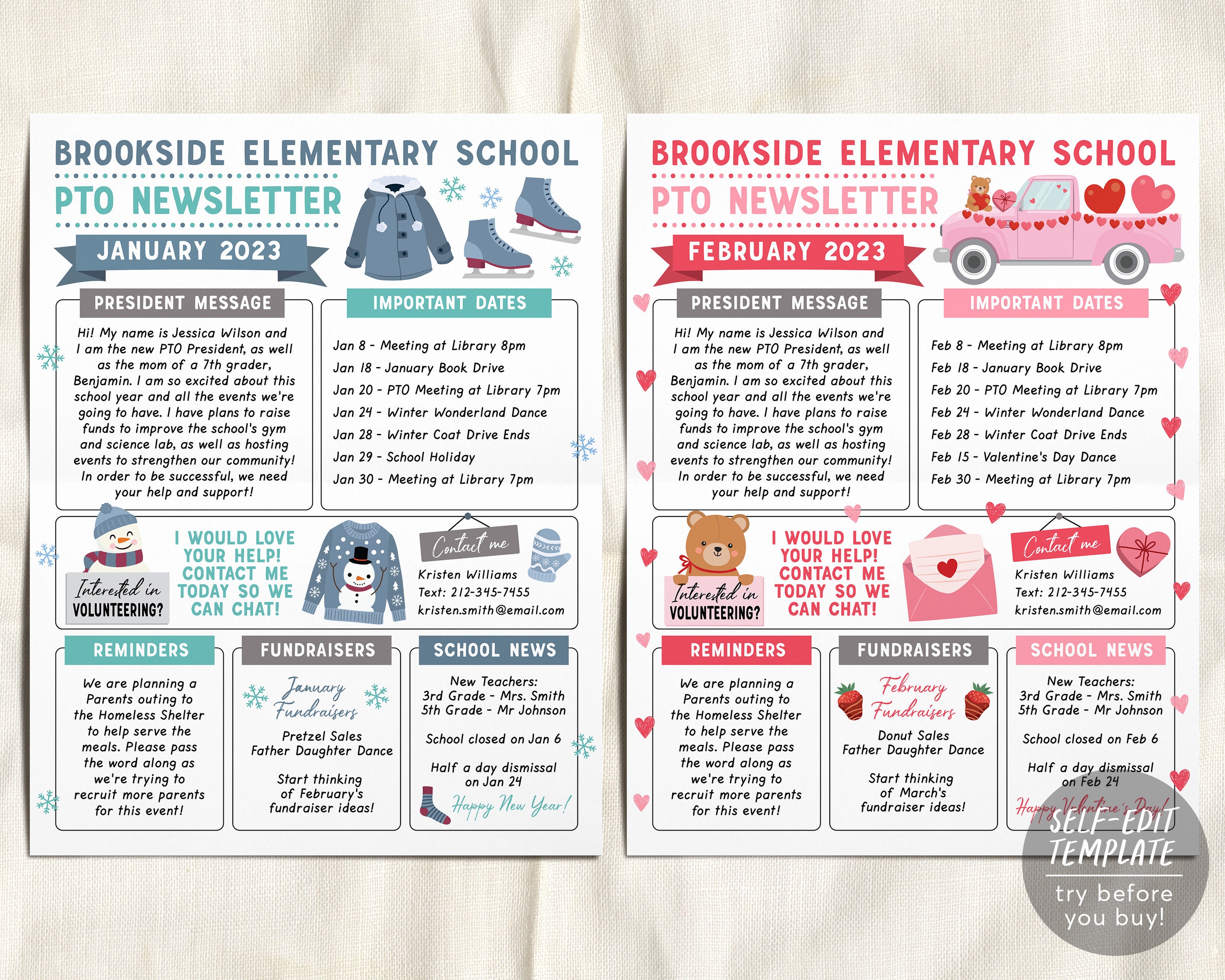 Yearly PTO PTA Newsletter Editable Template BUNDLE Set, Classroom ...