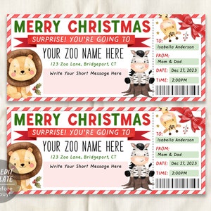 May include: A printable Christmas ticket template with a red and white striped background. The ticket says "Merry Christmas! Surprise! You're going to [Your Zoo Name Here] 123 Zoo Lane, Bridgeport, CT. Write your short message here."  The ticket also includes a space for the recipient's name, the sender's name, the date, and the time.