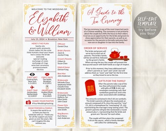 May include: A printable wedding ceremony guide with a red and gold design. The guide includes a description of a traditional Chinese tea ceremony, with details on the order of service and gifts for the family. The text includes the phrase "A Guide to the Tea Ceremony".
