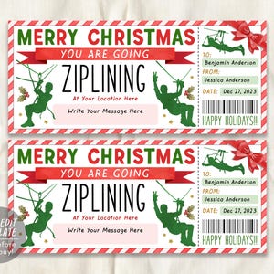 May include: A printable Christmas gift certificate for a ziplining experience. The certificate is red and white striped with a green and white watercolor design. The text reads "Merry Christmas You Are Going Ziplining" with a space for the location and a message. The certificate also includes a space for the recipient's name, the sender's name, and the date. The text "Happy Holidays!" is printed at the bottom.