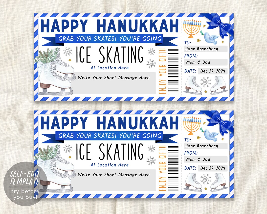 Hanukkah Ice Skating Gift Voucher Editable Template, Surprise Chanukah ...
