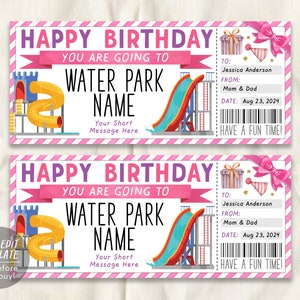 Wasserpark-Eintrittskarte bearbeitbare Vorlage, Geburtstagsüberraschungs-Wasserparkbesuchsgeschenkgutschein für sie, Rutschpauschalen-Geschenkgutschein zum ausdrucken