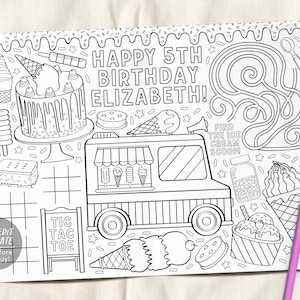 Ice Cream Birthday Party Coloring Placemat For Kids Editable Template, Ice Cream Truck Summer Party Coloring Page Sheet Table Mat Activity