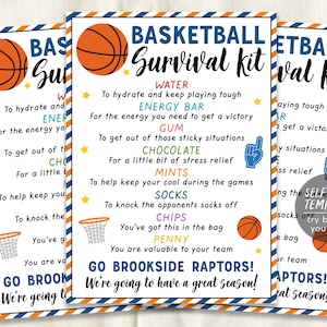 May include: A printable basketball survival kit checklist with a basketball graphic and the text "Basketball Survival Kit". The checklist includes items like water, energy bar, gum, chocolate, mints, socks, chips, and a penny. The text at the bottom says "Go Brookside Raptors! We're going to have a great season!"