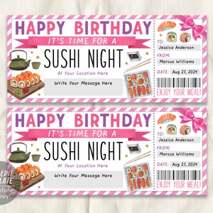 Sushi Night Ticket Gutschein Bearbeitbare Vorlage, Geburtstagsüberraschung Sushi Date Night Coupon für ihr japanisches Restaurant Omakase Geschenkgutschein